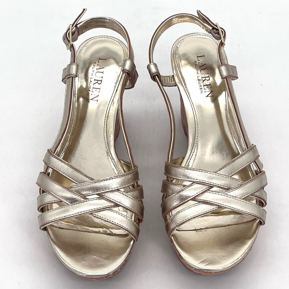 Lauren Ralph Lauren Gold Strappy Cork Wedge Sandals Womens 7.5 Adjustable Strap - Picture 2 of 14